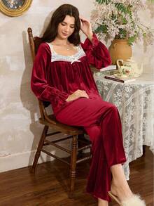 Côtesoire Women's French Velvet Ruched Collar Contrast Lace Red Pajama Set Sleepwear Burgundy Pajama Set For Women, Winter Clothes - Burgundy - View 3