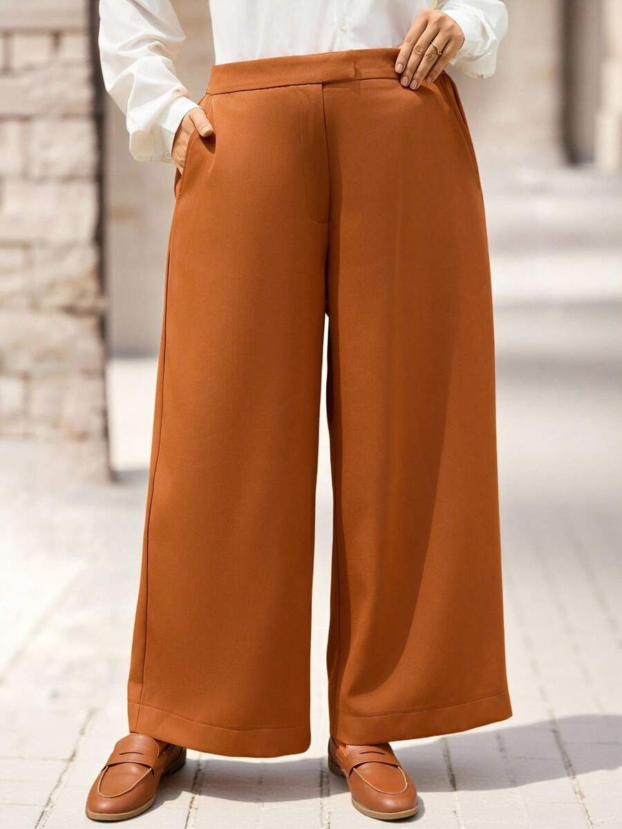 EMERY ROSE Plus Size Women Fall/Winter Elegant Street Fashion Casual Solid Color Pants With Pockets, Autumn/Winter,Plus Size Winter, Christmas For Women,New Year,Orange Pants,Front Zipper Suit Wide-Leg Pants,Going Out,2025 New,Simple And Fashionable For Everyday Wear,Plus Size Winter, Christmas For Women,New Year,Thanksgiving For Women - Rust Brown - View 1
