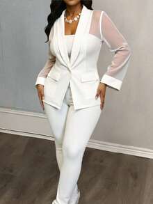 Slaydiva Noutăți Toamnă/Iarnă 2025 Haine pentru femei, Costume de Halloween pentru festivaluri de muzică, Rochii de ziua de naștere, Ținute casual de bază, Timp liber, Călătorii în croazieră, Plajă, Baie de soare, Hituri virale, Streetwear, Punk, Club, Blazer alb transparent din organza, model patchwork, cu pantaloni evazați mulați, Ținute de club sexy transparente, Seturi de lounge mărime mare