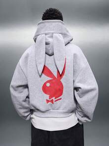 PLAYBOY X SUMWON Oversized Zip Up Hoodie With Iconic Bunny Logo Print Full Back Design Casual Streetwear Sweatshirt Winter Fall Fashion - Grey - View 7