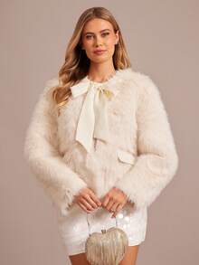 Enchnt Women's Solid Color Long Sleeve Front Tie Elegant Faux Fur Jacket, Winter - Beige - View 5