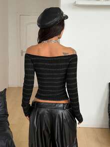 Coolane Women's Fall /Winter Warm Daily Wear Streetwear Goth Y2K Rib Knit Comfortable Striped Basic Off The Shoulder Long Sleeve T-Shirt,Black Top