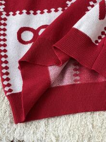 Girls' Red Plaid Bow Decor Round Neck Long Sleeve Sweater Fall Winter - Red - View 4