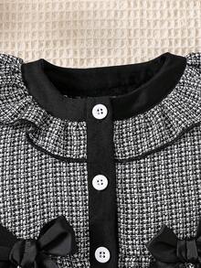 SHEIN Elladie kids Baby Girl Classic Black & White Contrast Plaid Pattern Ruffle Hem Bow Decor Dress & Hat Set - Black and White - View 4
