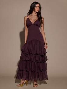 SHEIN BAE 女士优雅派对纯色荷叶边吊带连衣裙 - 紫色 - 查看 1