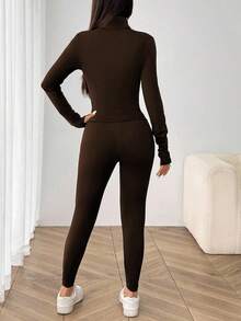 SHEIN EZwear Bộ đồ thể thao lót nhiệt 3 món dành cho nữ gồm áo len cardigan có khóa kéo + áo hai dây + quần dài - Cà phê nâu - Xem 2