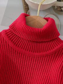 SHEIN Vintaside Kids 女婴纯色长袖休闲高领毛衣，适合亲子时光、派对、户外活动、万圣节和圣诞节等节日聚会，也适合与其他女婴毛衣搭配。这款纯色针织毛衣红色上衣，女婴高领毛衣，款式多样，时尚百搭。 - 紅色 - 查看 4