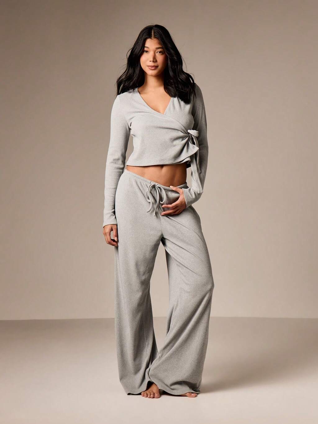 Ribbed Wrap Top With Wide Leg Trouser Set