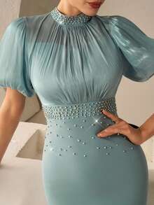 Coutiva Vestido elegante de cóctel de manga corta con cuello de solapas enjoyado, estilo de celebridad de lujo - verde menta - Ver 1