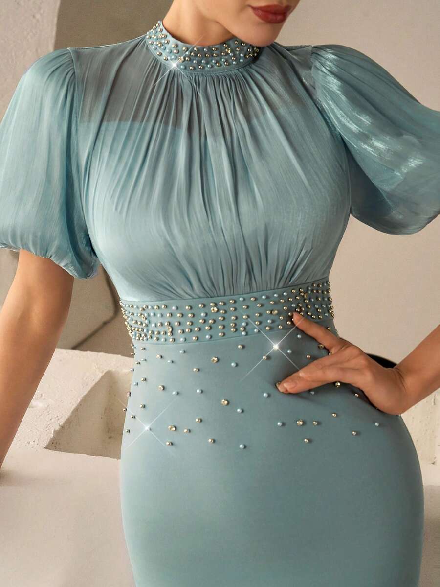 Coutiva Vestido elegante de cóctel de manga corta con cuello de solapas enjoyado, estilo de celebridad de lujo - verde menta - Ver 1