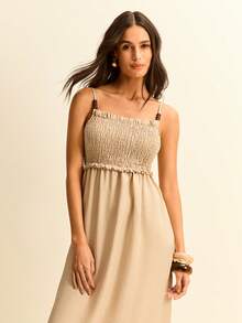 Daynim Solid Frill Trim Cami Dress - Light Beige - View 6