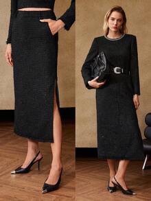 MOTF PREMIUM Chân váy xẻ đùi sequin tương phản vải tweed không kèm thắt lưng - màu đen - Xem 9