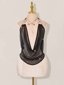 SHEIN ICON 女士亮面网纱深V领露背吊带背心 - 黑色 - 查看 1