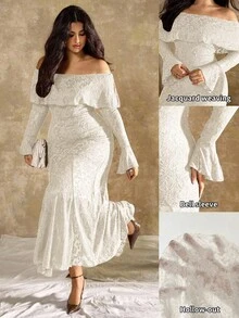 Roveilla Vestido casual de mujer talla grande con estilo francés, hombros descubiertos y estampado floral de peonía con cola de pez - Beis - Ver 1
