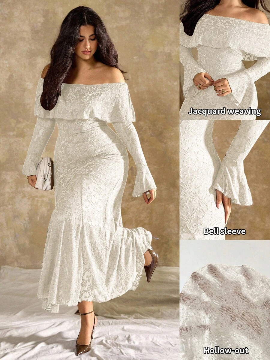 Roveilla Vestido casual de mujer talla grande con estilo francés, hombros descubiertos y estampado floral de peonía con cola de pez - Beis - Ver 1