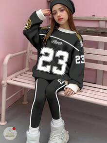 SHEIN Leap Crew 2 件套青少年女孩休闲简约 23 图案印花、时尚球衣风格、学院风、街头时尚、返校风、舒适长袖运动衫和紧身裤套装 - 彩色 - 查看 1