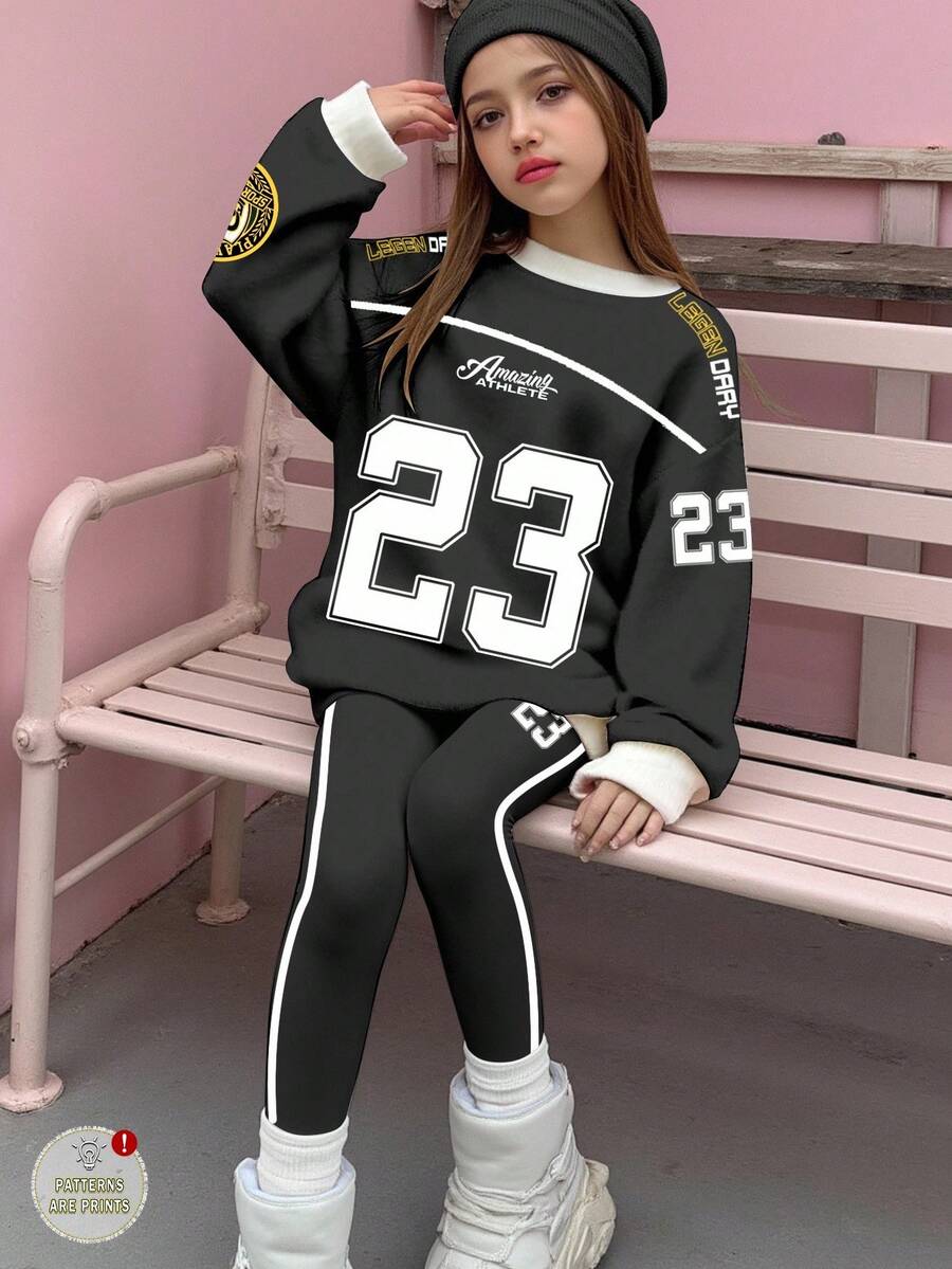 SHEIN Leap Crew 2 件套青少年女孩休闲简约 23 图案印花、时尚球衣风格、学院风、街头时尚、返校风、舒适长袖运动衫和紧身裤套装 - 彩色 - 查看 1