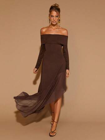 COSMINA Women's Elegant Off-Shoulder Asymmetric Hem Patchwork Chiffon Dress, All Season