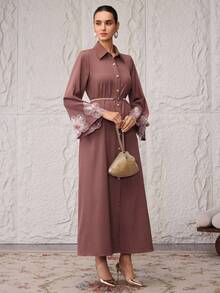 Al Najma Casual Loose Long Sleeve Front Button Women's Arabic Dress - Pink - View 5