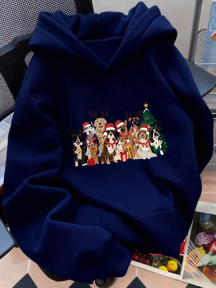 Sudadera con capucha de mujer estampada con perros navideños y árbol de Navidad para temporada festiva - azul real - Añade 3