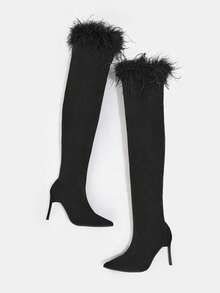 Botas de serraje falso de peluche & con diseño de lazo de punta con tacón delgado - Negro - Ver 3
