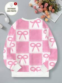 Tween Girls Casual Fashionable Cute Sweet Creative Pink Bow Plaid Pattern Faux Fur Sweatshirt, Round Neck Pullover Outerwear For Autumn/Winter - Multicolor - View 2