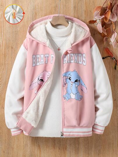 SHEIN 女童双色拼接拉链外套，内里毛绒卡通印花，宽松舒适，柔软实用，适合秋、春、冬三季穿着，可用于日常穿着、通勤、户外玩耍、运动、上学、聚会和摄影等场合。