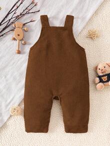 SHEIN 男婴杏色可爱棕熊头刺绣直筒连体裤，适合日常外出、居家休闲、亲子互动、生日派对等欢乐场合，四季皆宜 - 咖啡棕 - 查看 2