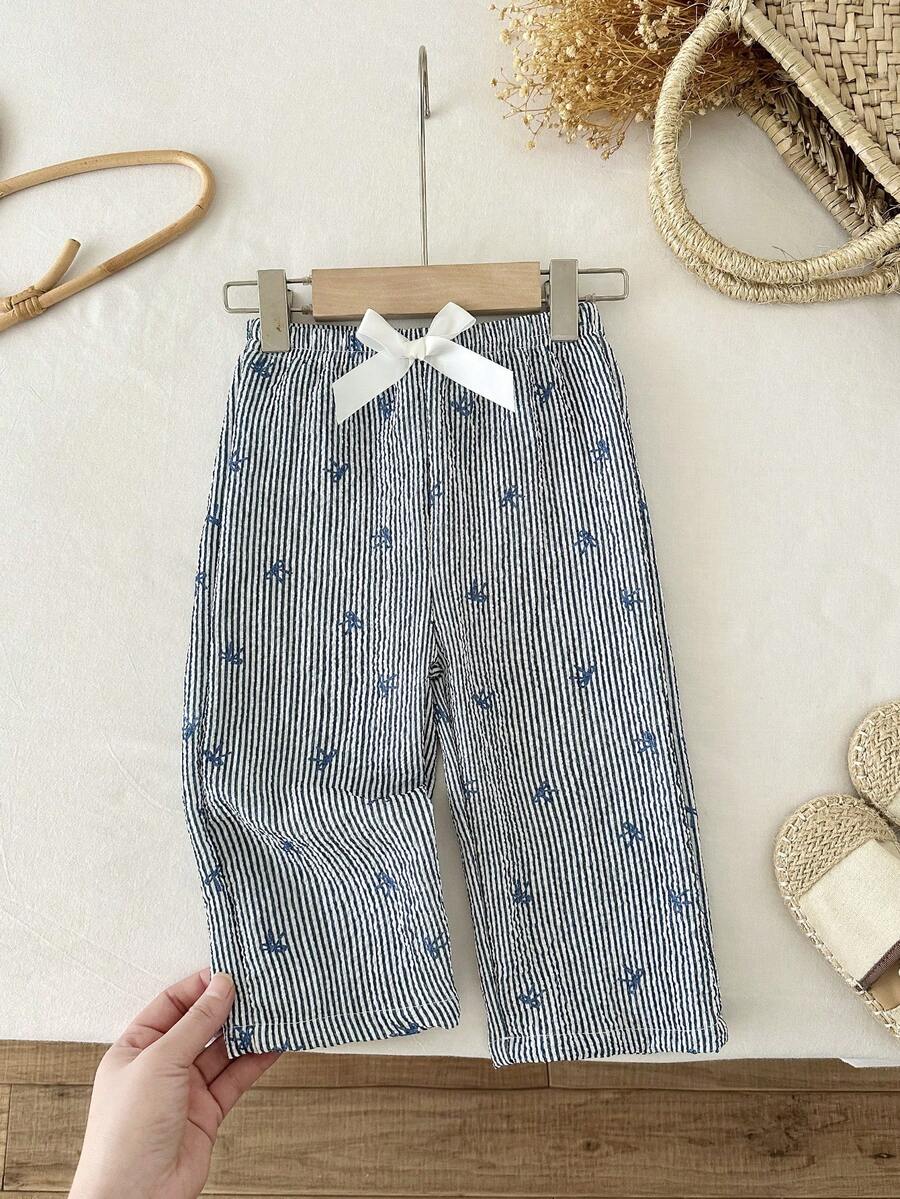 SHEIN Baby Girls' Cute Minimalist Bow & Striped Print Casual Pants, Suitable For Outdoor Spring/Autumn Baby Summer Pants Vintage Toddler Clothes Baby Trousers Toddler Linen Pants  Toddler Girls Pants Baby Girl Summer Pants Toddler Girl Pants Babygirl Pants