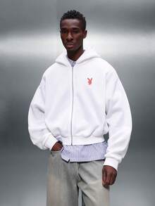 PLAYBOY X SUMWON Áo hoodie crop-fit dáng rộng có khóa kéo toàn bộ in logo chú thỏ và họa tiết ở lưng màu trắng cho trang phục dạo phố thường ngày thời trang xuân hè - trắng - Xem 6