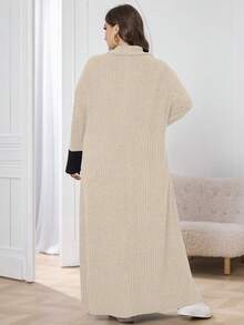 Lacomfia 大码女式撞色高领落肩长袖罗纹休闲宽松连衣裙，秋季休闲T恤长裙，适合日常休闲穿着 - 杏色 - 查看 2