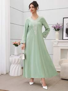 Al Najma 女士宽松刺绣铆钉长袍，适合节日穿着，朴素的卡夫坦长袍 - 薄荷藍 - 查看 4