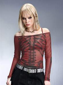 ROMWE Grunge Punk Áo lưới mỏng hở vai in họa tiết bộ xương gợi cảm - Đỏ - Xem 6