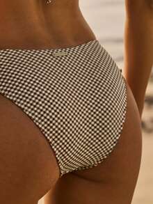 Aralina Summer Resort Vacation Beach Western Gingham Ruffle Triangle Bikini Set With Swim Bag - Coffee Brown - View 5