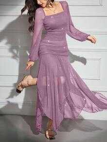 Modelyn Women's Solid Color Square Neck Mesh Patchwork Ruffle Long Sleeve Dress - Lilac Purple - View 6