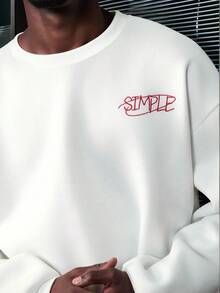 Manfinity Homme Sweatshirt Pullover Lengan Panjang Kerah Bulat Bahu Longgar Bordir Slogan Pria Ukuran Besar, Putih dan Merah, Musim Gugur, Pakaian Jalanan, Liburan, Kembali ke Sekolah - Putih - View 5