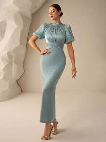 Coutiva Vestido elegante de cóctel de manga corta con cuello de solapas enjoyado, estilo de celebridad de lujo - verde menta - Ver 5
