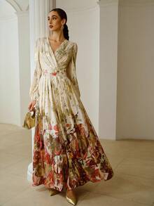 ZEYLAH Vestido largo de mujer de manga larga, cuello en V y cintura ceñida con estampado casual