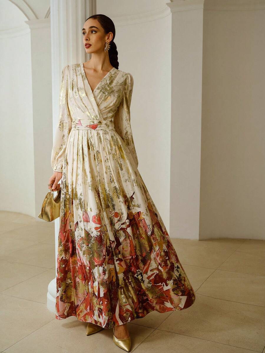 ZEYLAH Vestido largo de mujer de manga larga, cuello en V y cintura ceñida con estampado casual