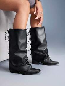 CUCCOO GRLICON Botas de tiburón para mujer, de punta cuadrada, tacón grueso, de piel de PU negra con diseño de doble capa y decoración de correa trasera, de estilo minimalista y cómodas para uso diario, fiestas y eventos. Adecuadas para Navidad, Año Nuevo y Acción de Gracias. - Negro - Ver 4