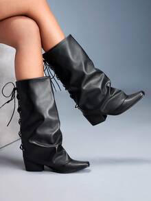 CUCCOO GRLICON Botas de tiburón para mujer, de punta cuadrada, tacón grueso, de piel de PU negra con diseño de doble capa y decoración de correa trasera, de estilo minimalista y cómodas para uso diario, fiestas y eventos. Adecuadas para Navidad, Año Nuevo y Acción de Gracias. - Negro - Ver 6