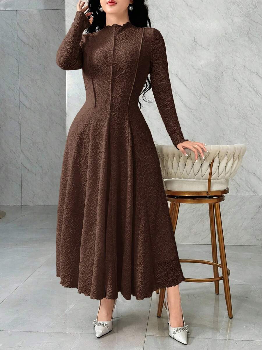Feyla Women's Solid Color Stand Collar Long Sleeve Gathered Waist Ruffle Hem Elegant Jacquard Dress - Coffee Brown - View 1