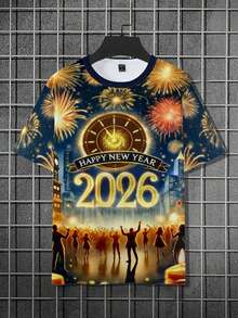 Manfinity Homme 男士时尚3D印花“2026新年快乐”T恤 圣诞上衣 圣诞礼物 男士礼物 圣诞T恤 - 彩色 - 查看 4
