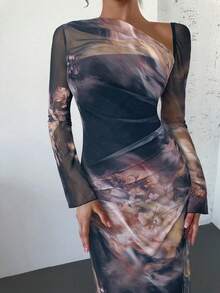 Firerie Women's Tie Dye Floral Asymmetric Shoulder Mesh Long Sleeve Pleated Maxi Dress, Multi-Color Floral Pattern Dress, Holiday Dress, New Tie-Dye Floral Mesh Print Flare Sleeve Fitted Vacation Dress, Suitable For Spring, Summer, Autumn, Winter, Elegant, Commute, Date, Party, Wedding Season, Graduation, Prom, Performance, Work, Back To School, Annual Party, Women's Birthday, Holiday - Multicolor - View 6