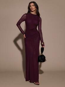 SHEIN BAE 女士纯色圆领网纱拼接长袖褶皱修身优雅连衣裙 - 紫色 - 查看 3