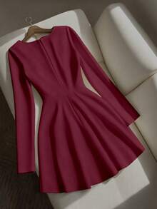 Qadelle Women's Elegant Vintage V-Neck Double-Breasted Long Sleeve Fitted Flared Hem Dress, Minimalist Chic For Daily Commute - Burgundy - View 2
