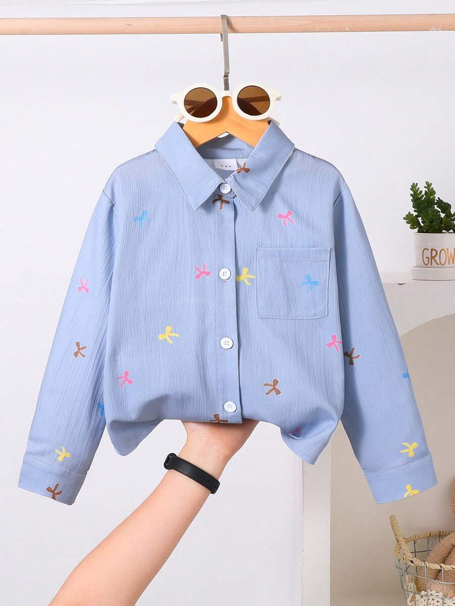 SHEIN Playful Pals 女童数码印花卡通蝴蝶结长袖衬衫