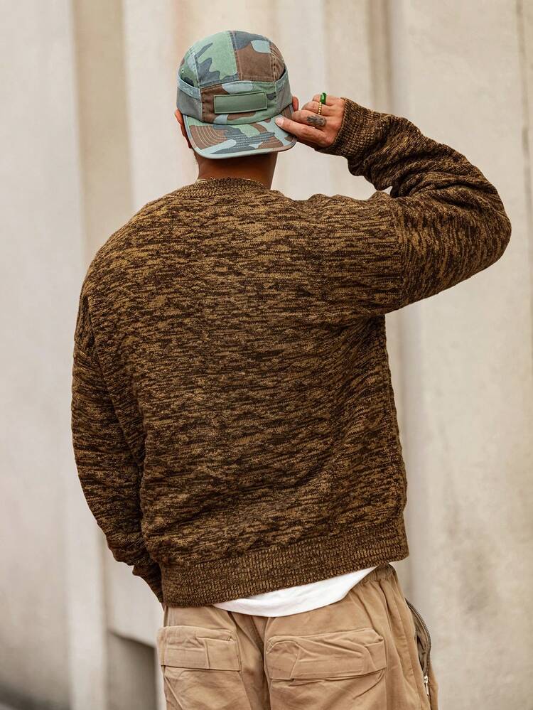 Men's Brown Floral Pattern Crew Neck Sweater, Autumn/Winter