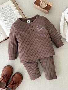 Blossori Conjunto de camiseta de manga larga con cuello redondo y bordado de animales elegante francés y pantalones para niñas bebé - Café integral - Ver 1