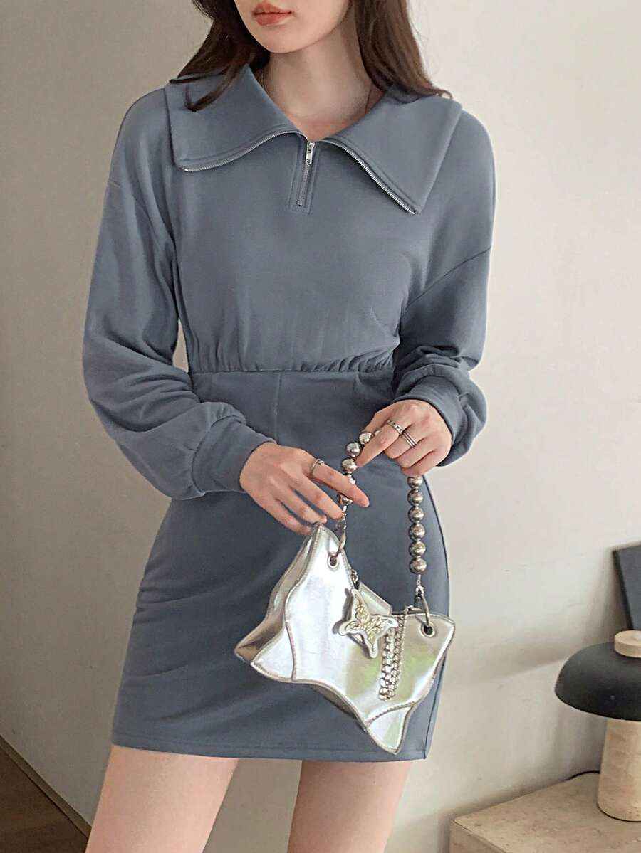 Feyla Women's Casual Zip-Up Collar Sweatshirt, Autumn Women Long Sleeve Dress Grey Dresses For Women Collared Dress Women's Winter Clothes - Grey - View 1